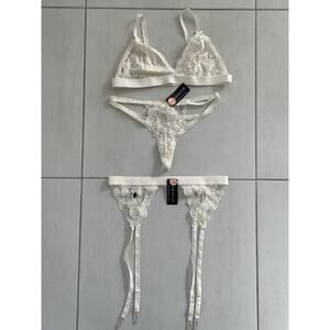 Youmita Lingerie Bralette Thong Garter Set Lace Heart